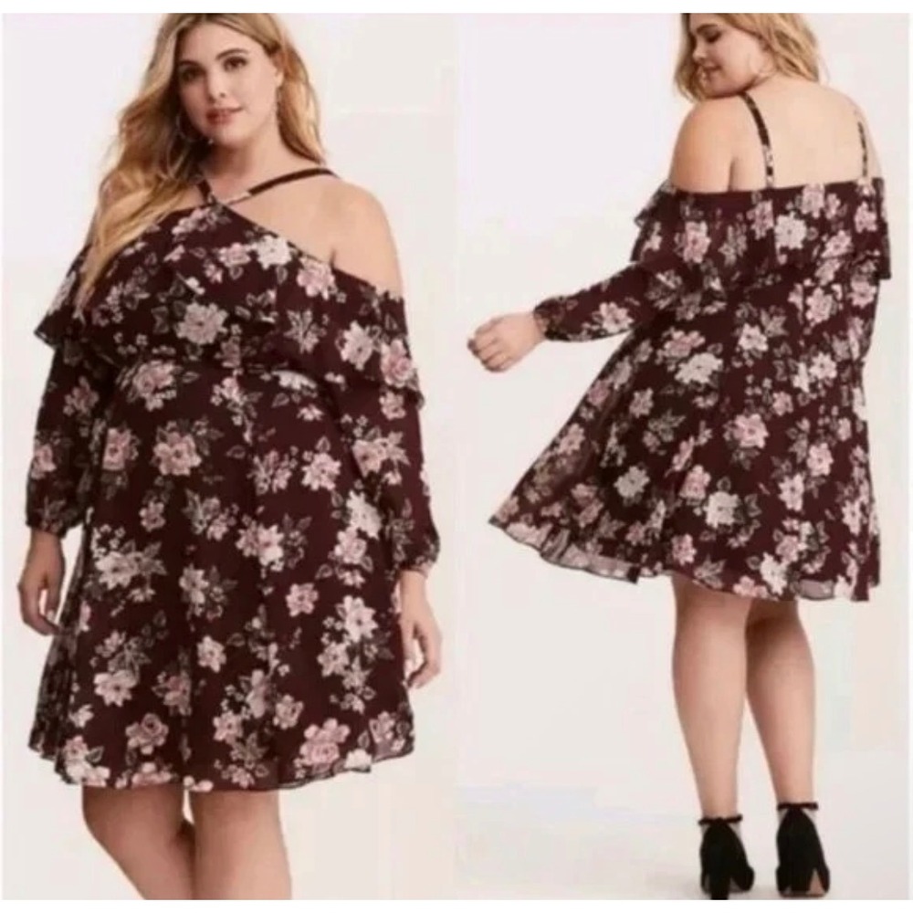 Torrid Burgundy Floral Cold Shoulder Ruffle‎ Chiffon Skater Dress Plus Size 20